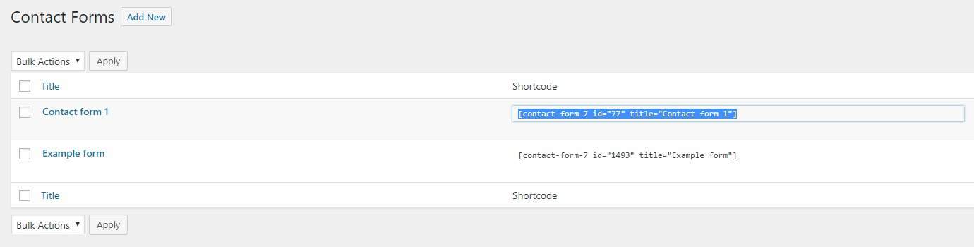 Shortcode in the main contact form area