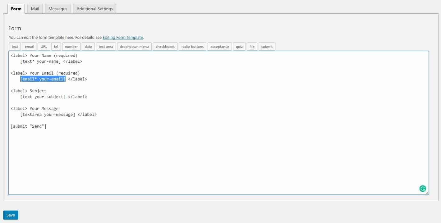 Contact Form 7 Template Area