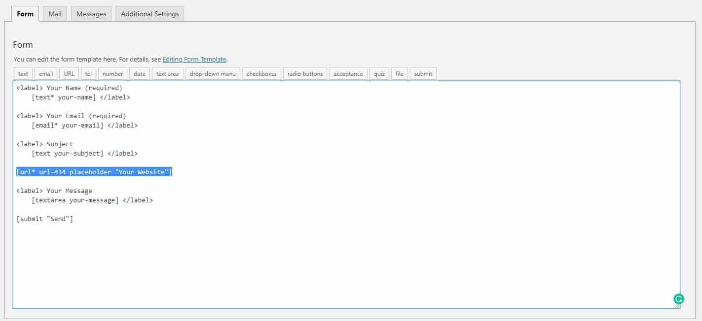 A field inserted into the template area
