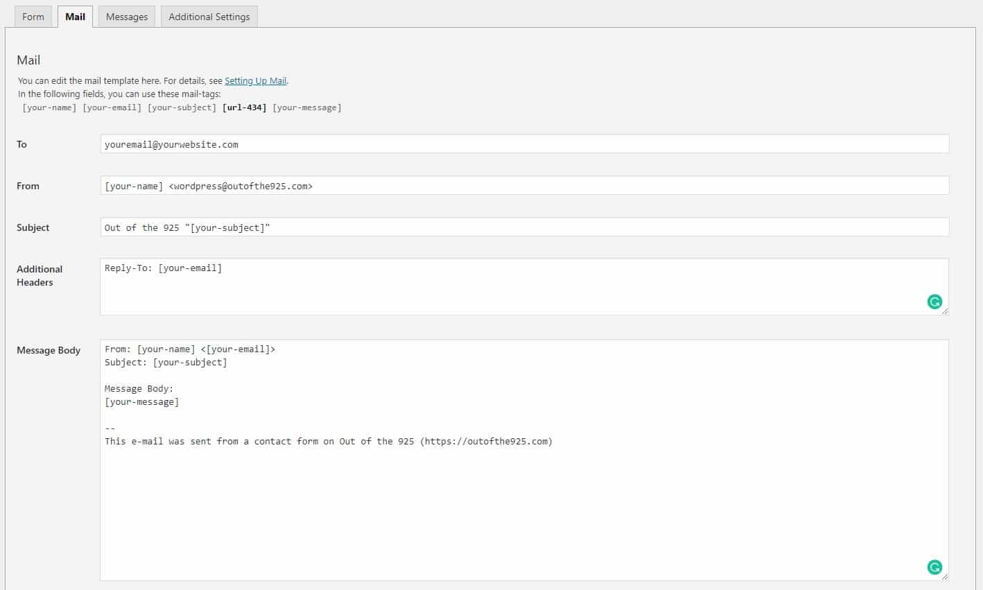 The mail tab with Contact Form 7