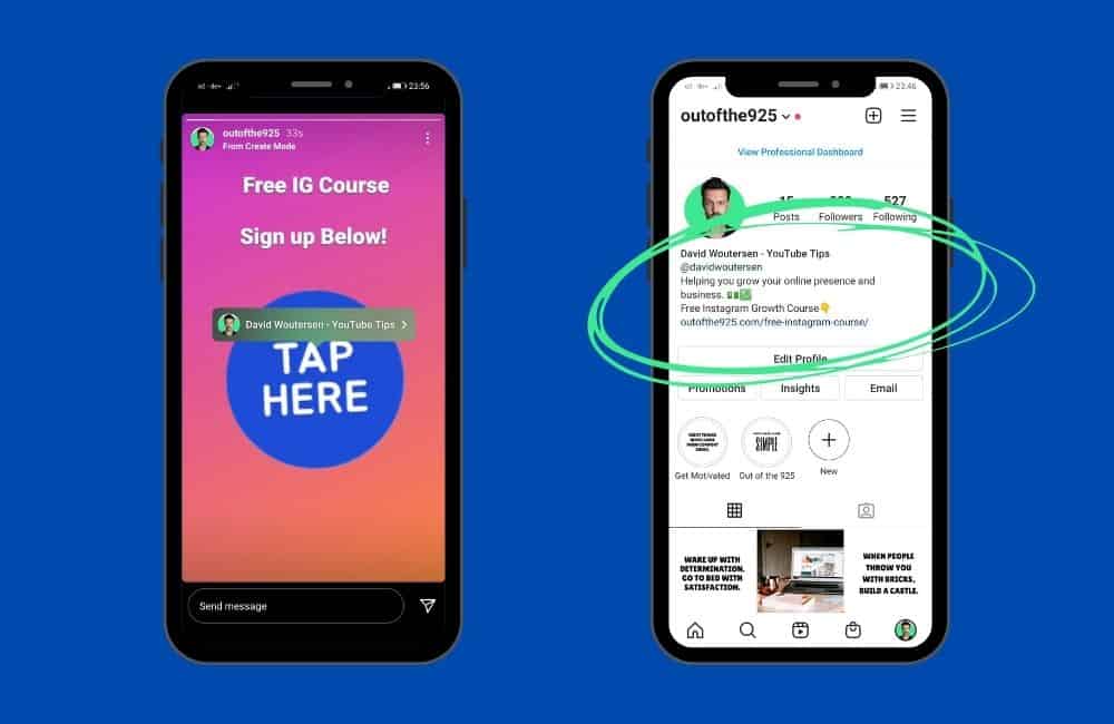 Create a button on Instagram that takes you to your own profile with a CTA to your bio link